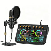 Professional Podcast DJ Equipment Bundle – Live Sound Card Audio Mixer, Microphone Stand and Full Studio Setup for PC, Phone, Gaming and Karaoke (Includes 2 Microphones)
