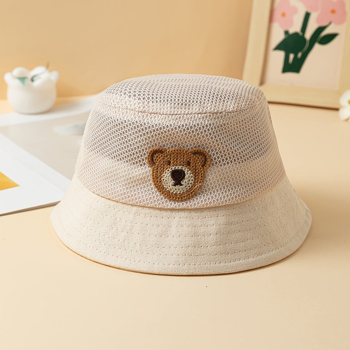 Openwork Solid Color Bear Patch Hat for Summer Breathability