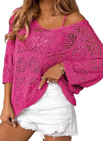 Crochet Hollowed-out Three-quarter-sleeve Pullover Sweater