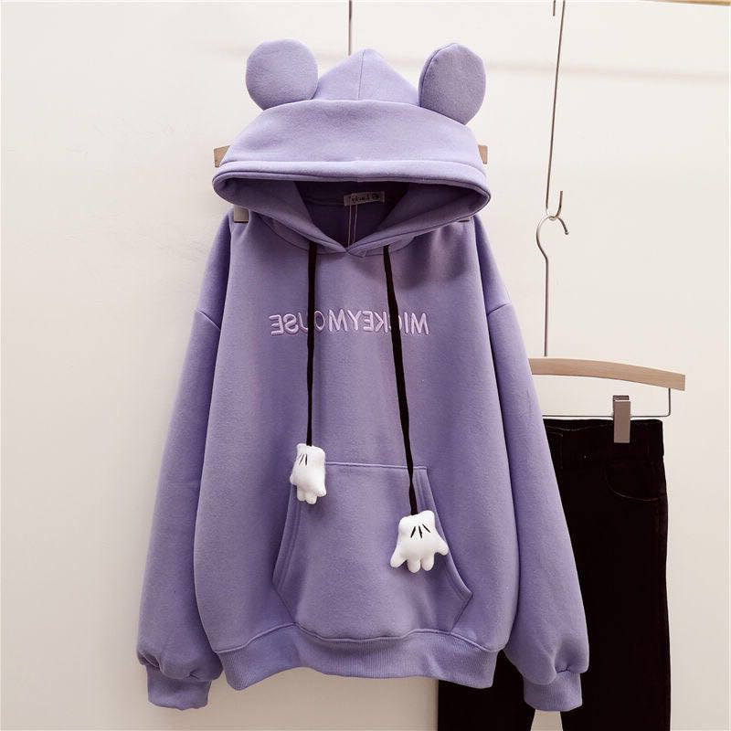 Women's Fleece-Lined Embroidered Cartoon Pullover Sweater