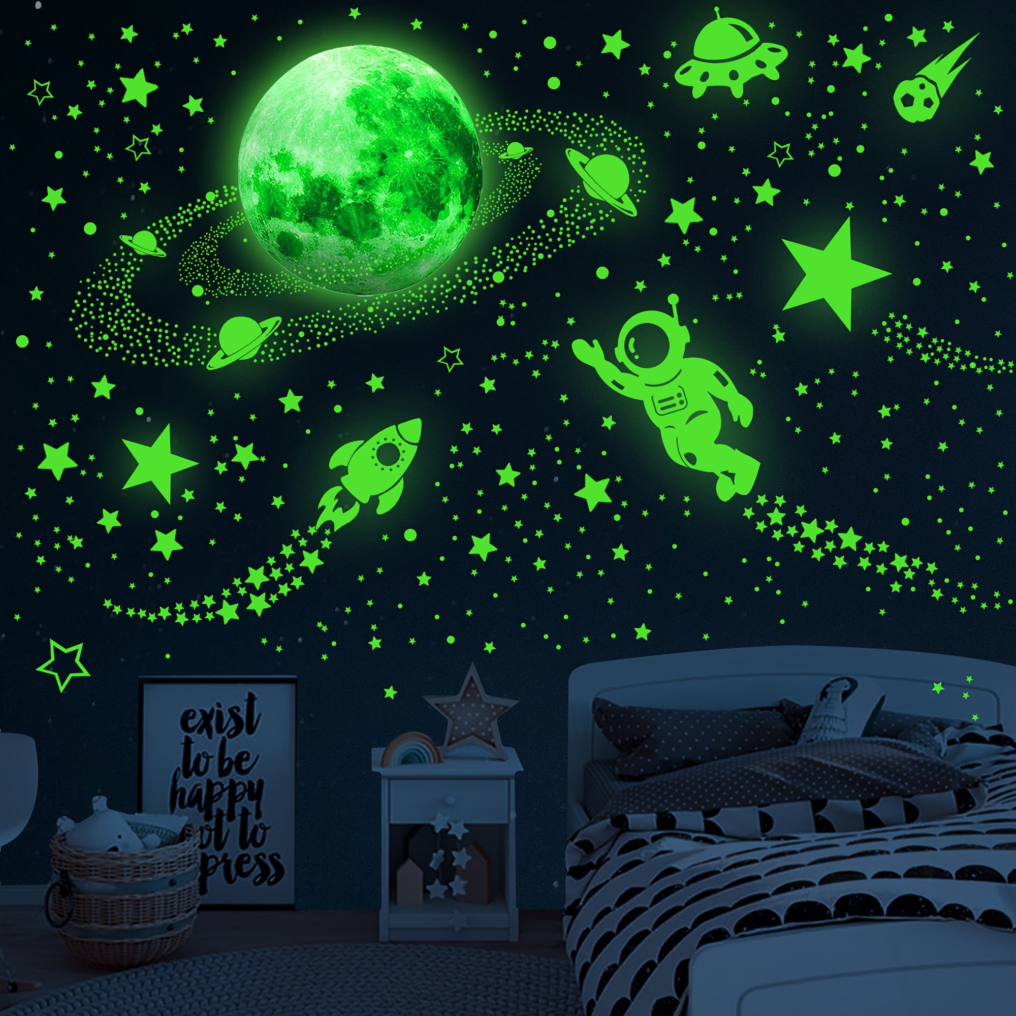Glow in the Dark Galaxy Wall Stickers with Stars, Planets, and Rockets