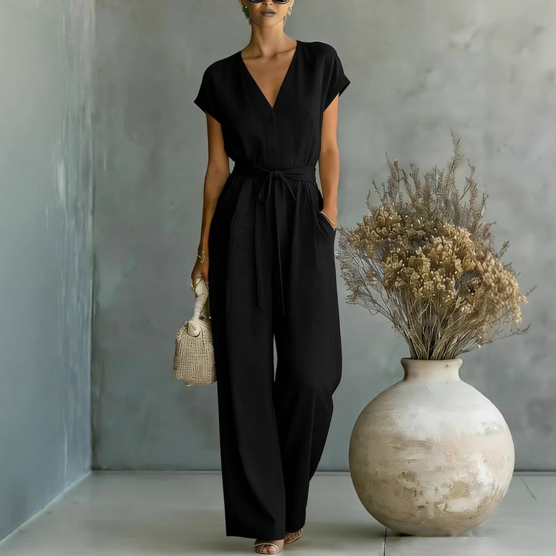 Elegant V-Neck Belted Button-Front Jumpsuit