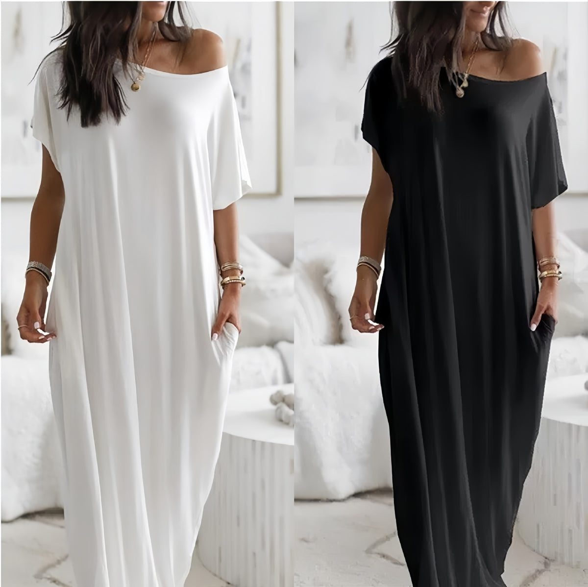 New Womens Solid-color Short-sleeve Long Casual Dress