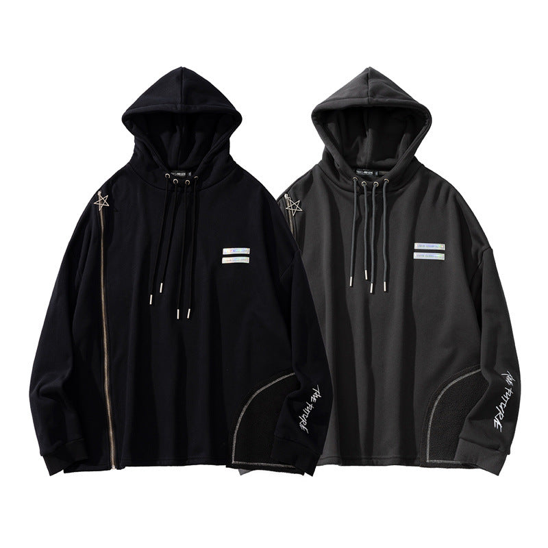 Retro Fleece Zip Hoodie with Drawstring & Pockets