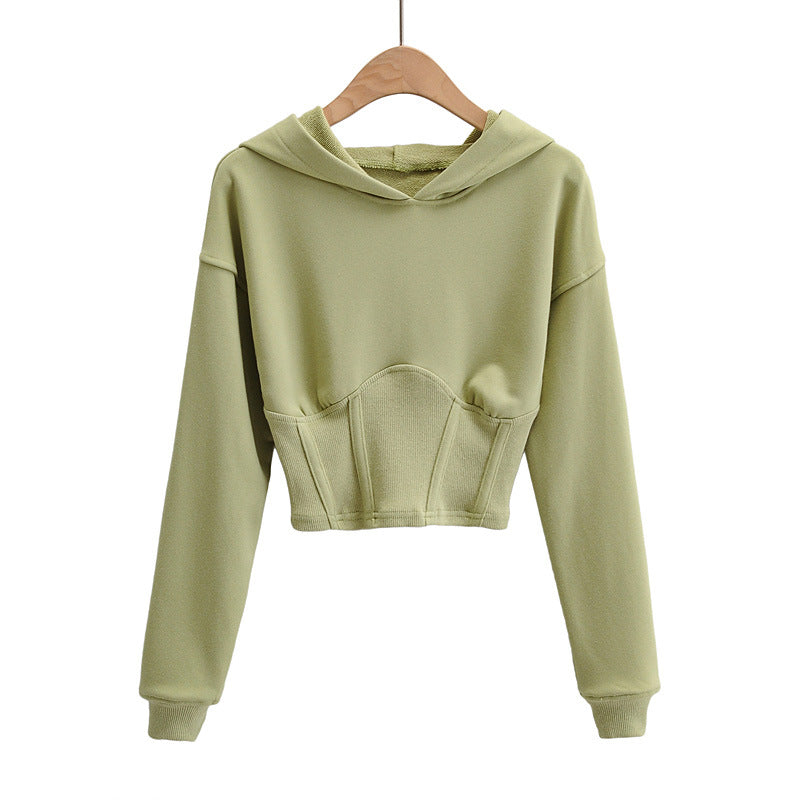 European And American Slim Fitting Navel Solid Hooded Sweater