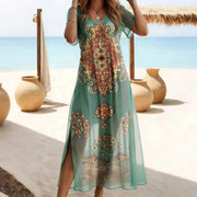 V-neck Floral-print Slit Sheer Womens Dress