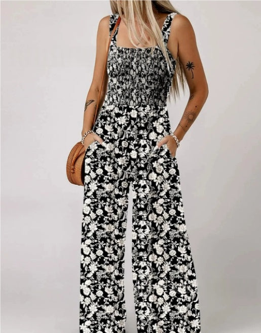 Bohemian Floral Spaghetti Strap Wide Leg Overalls