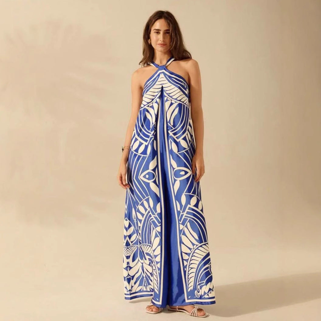 Women's Printed Halter Sleeveless Wide-Leg Romper