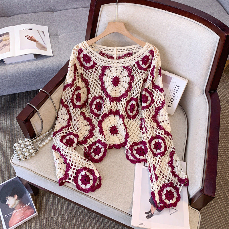 Ankela Red French Crocheted Hollow Sweater