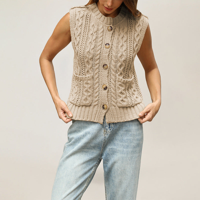 New Arrival Womens Crew-neck Pocketed Sleeveless Cardigan Knitted Vest