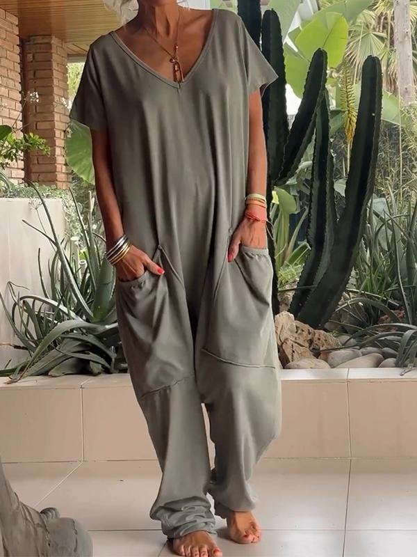 Oversized V-Neck Pocket Jumpsuit Casual Romper
