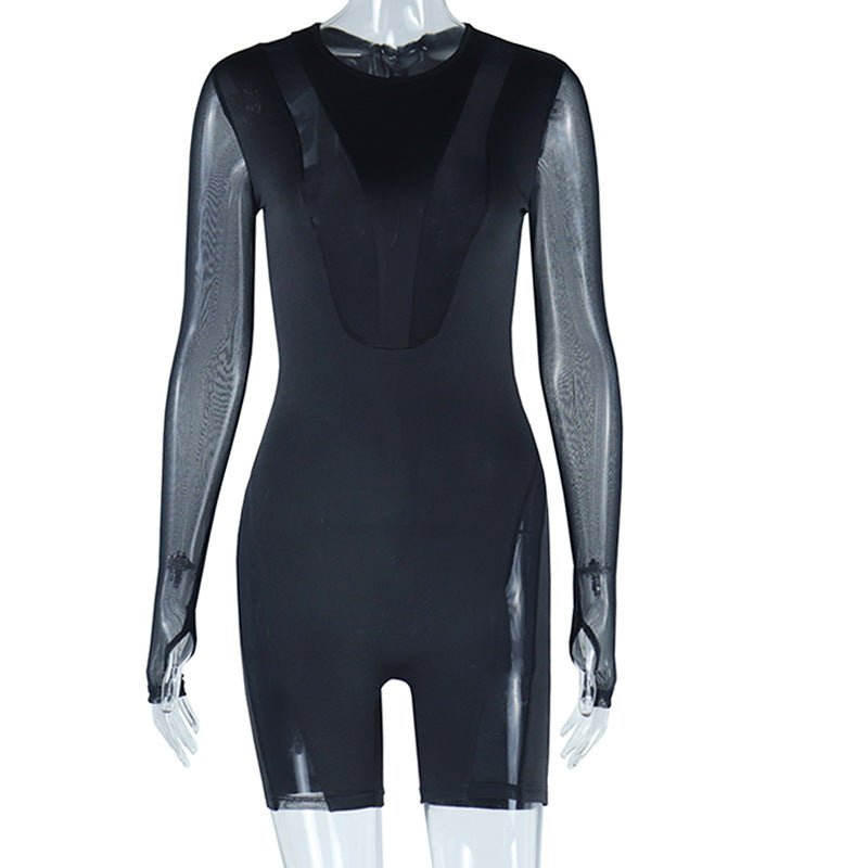 Mesh Long Sleeve Fitness Romper & Hip-Lift Shorts