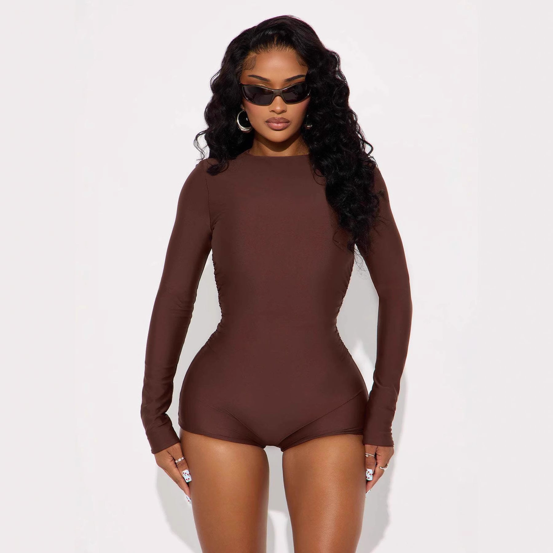 High-elastic Crewneck Long-sleeve Tight-fitting Casual Sports Jumpsuit