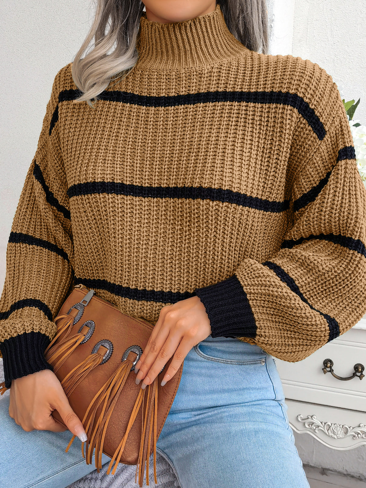 Women Casual Striped Lantern Sleeve Half Turtleneck Knit Sweater
