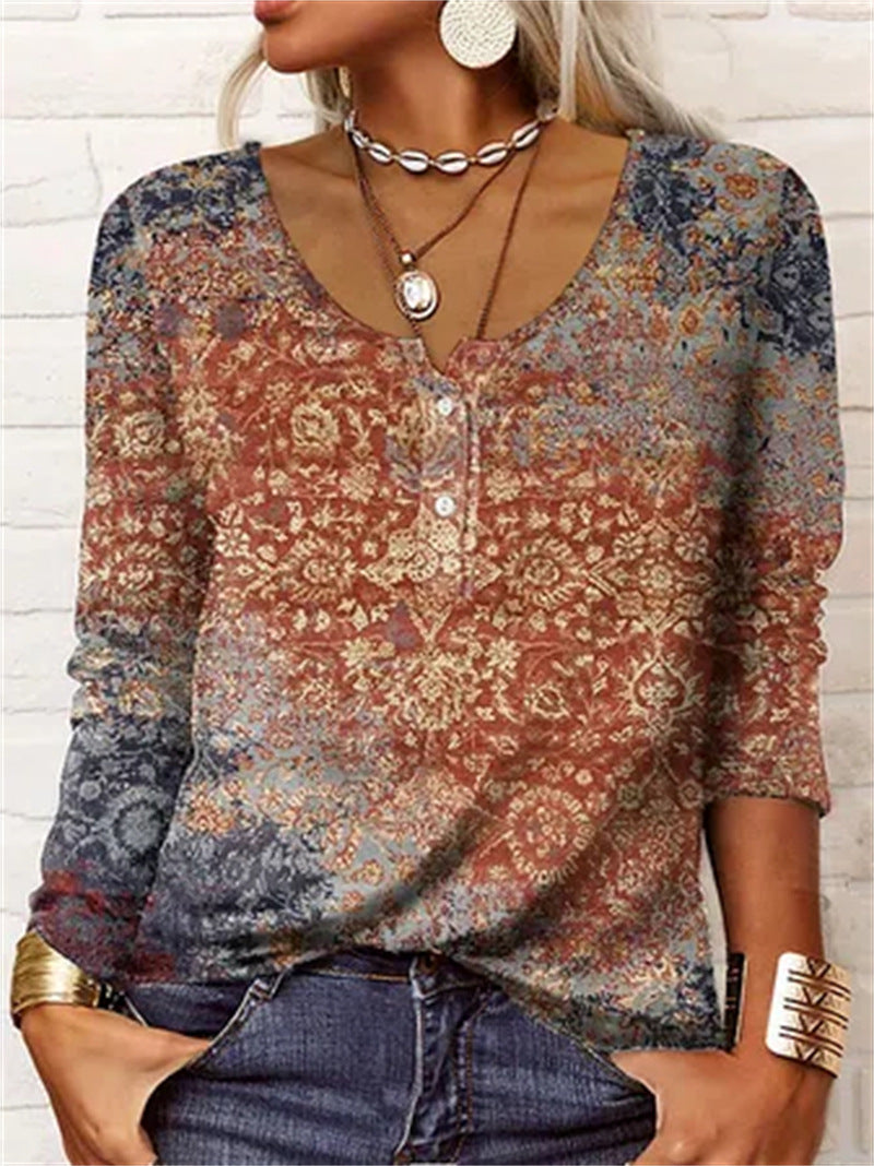 Geometric Floral U-Neck Long-Sleeve Button Tee