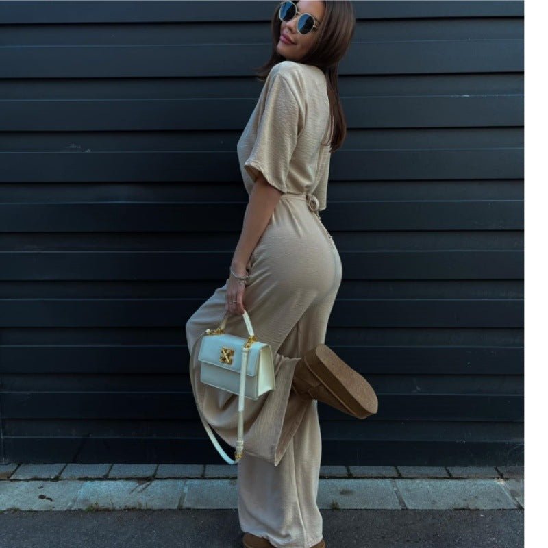 Chic V-Neck Wide-Leg Jumpsuit with Waist Tie