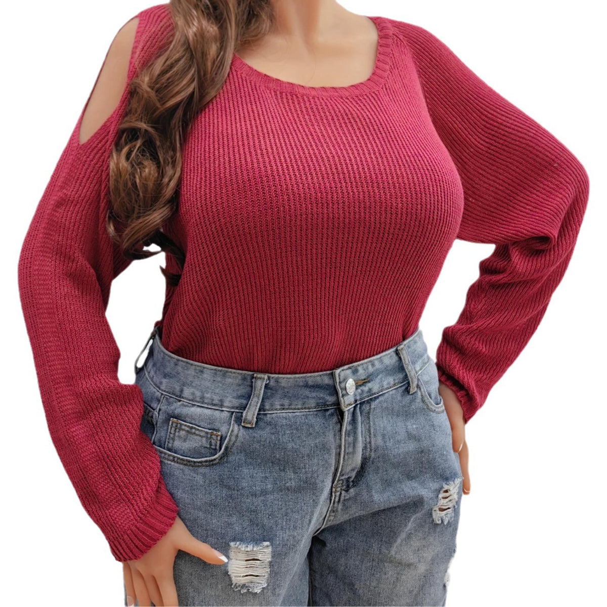 Plus-size Womens Off-shoulder Crew-neck Sweater