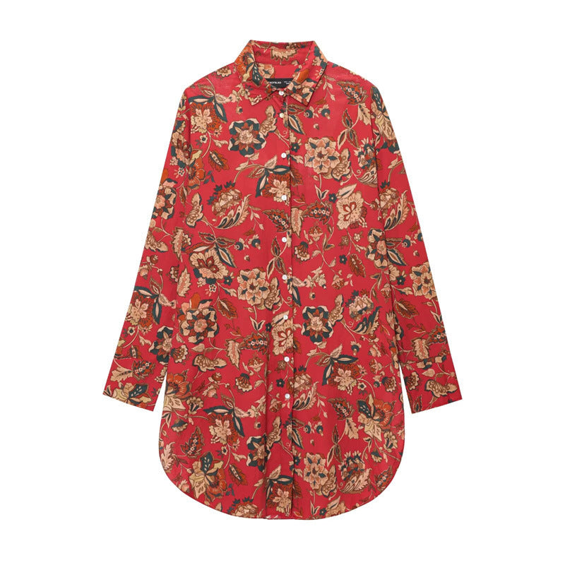 Ethnic Floral Print Long Sleeve Long Shirt