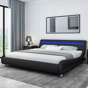 Modern Upholstered LED Bed Frame with Adjustable Faux Leather Wave Headboard