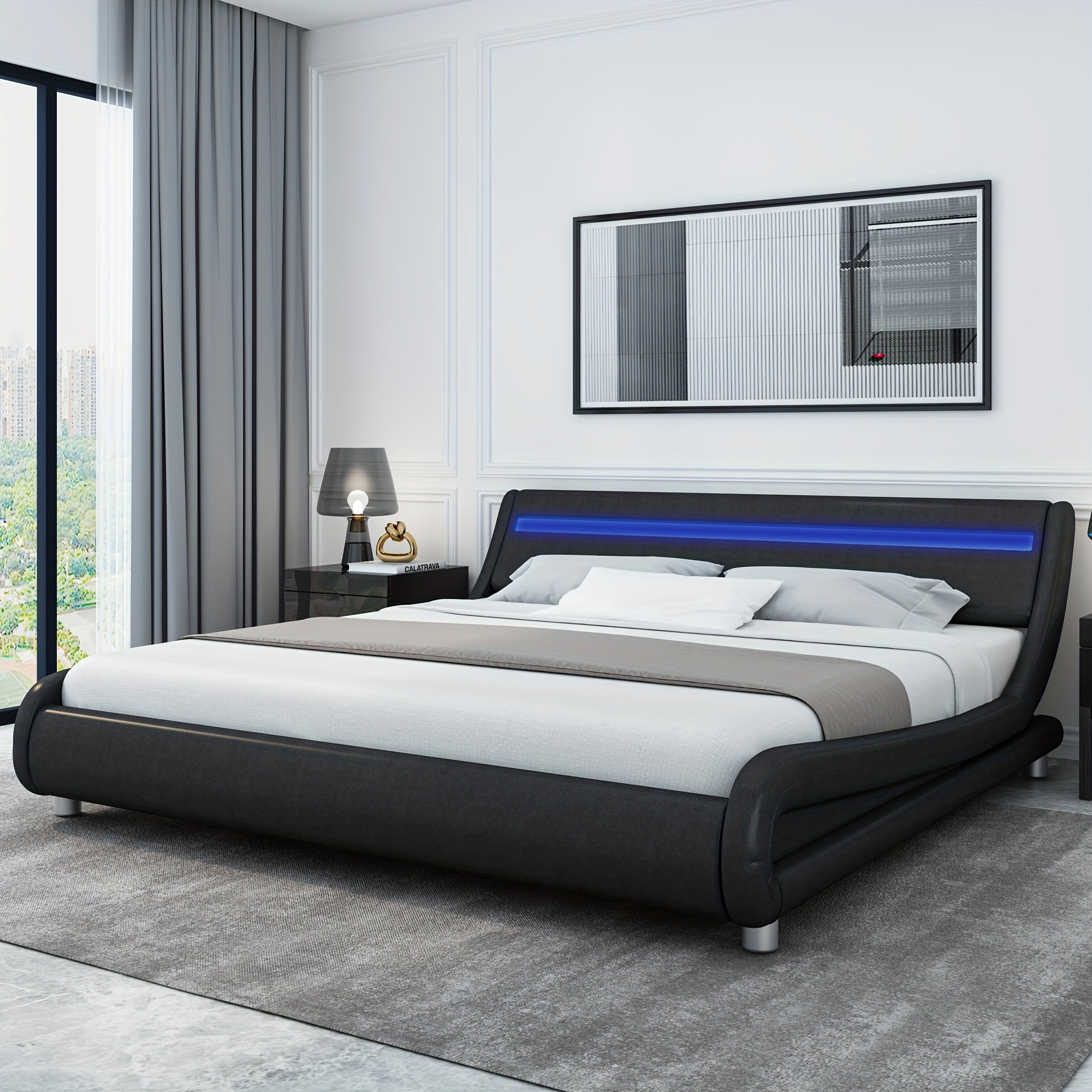 Modern Upholstered LED Bed Frame with Adjustable Faux Leather Wave Headboard