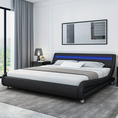 Modern Upholstered LED Bed Frame with Adjustable Faux Leather Wave Headboard