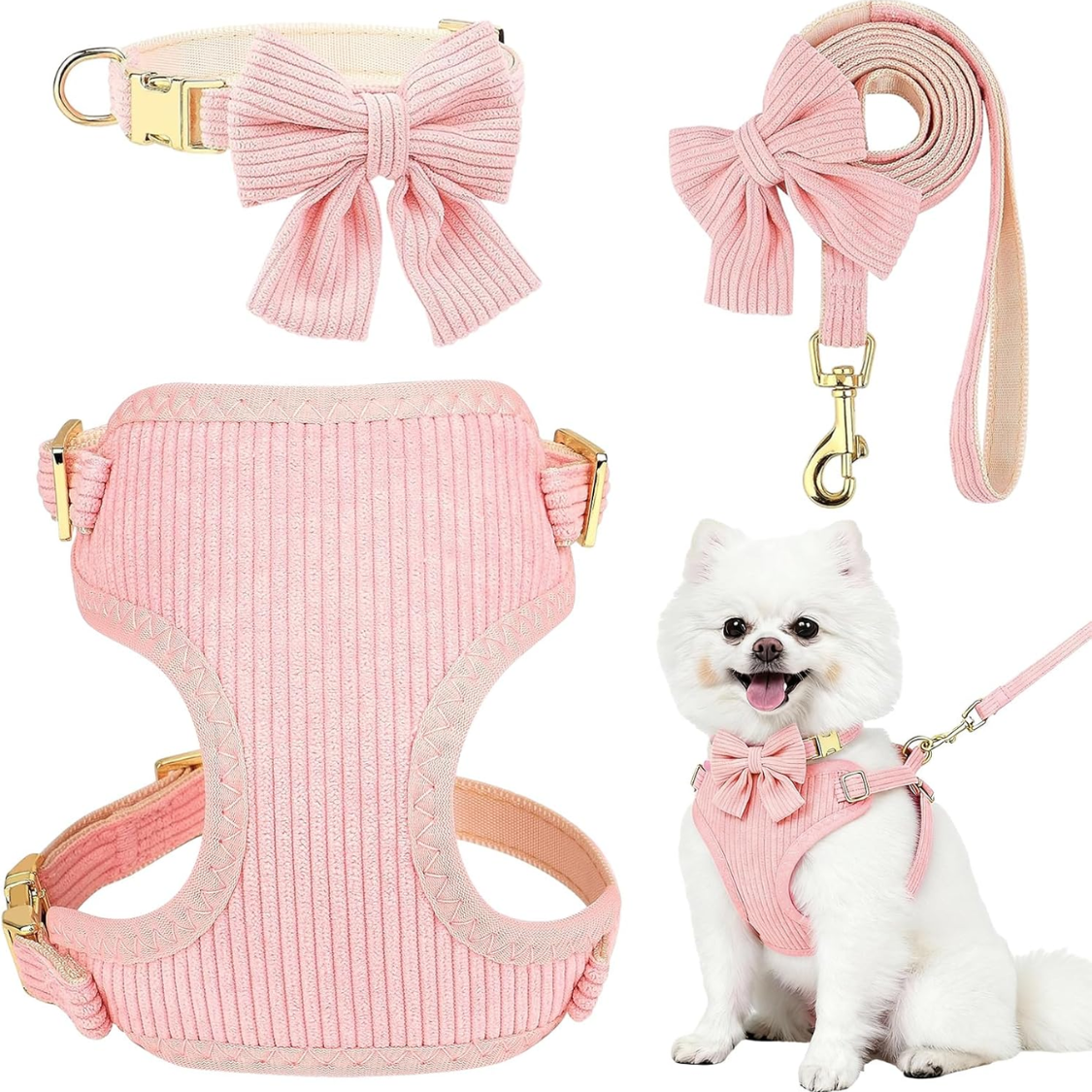 No Pull Dog Harness Set with Bowtie, Breathable Cotton Adjustable Pet Leash