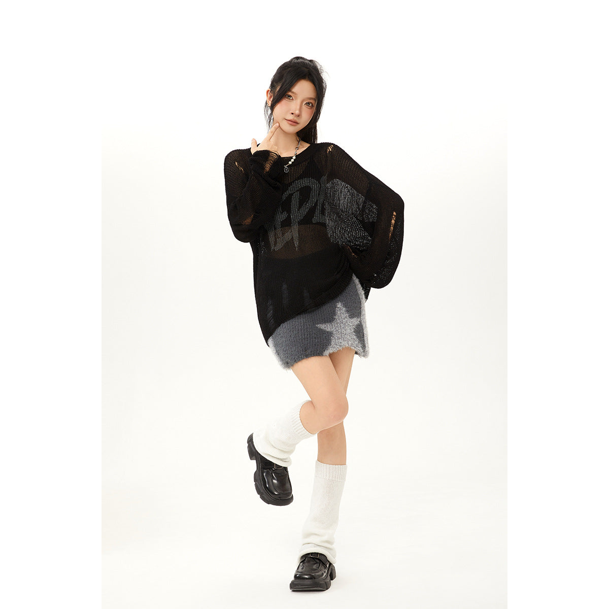 Retro Distressed Knit Top Casual Loose Long-Sleeve T-Shirt