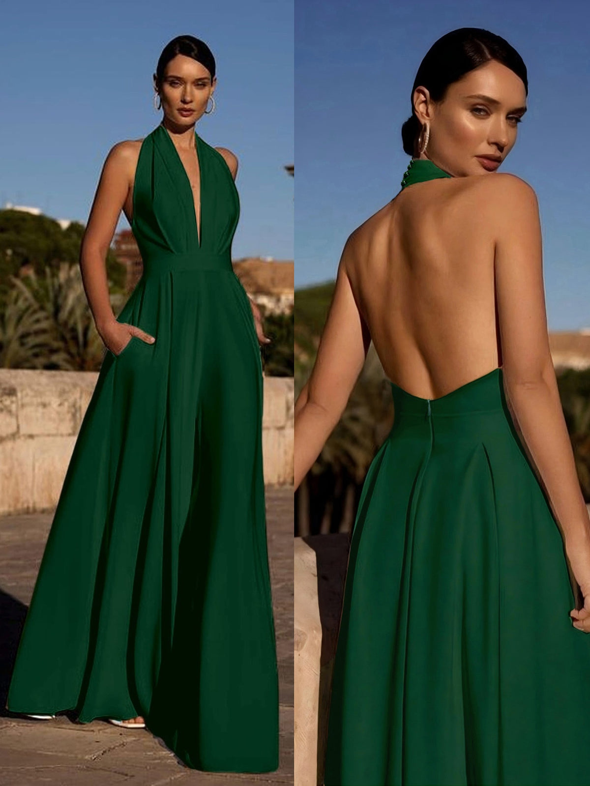 Elegant Halter V-Neck Wide Leg Jumpsuit with Pockets