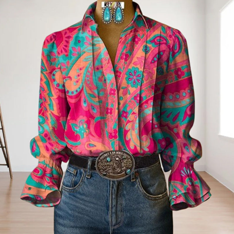 Elegant Urban Abstract Long‑Sleeve Top – Floral Print
