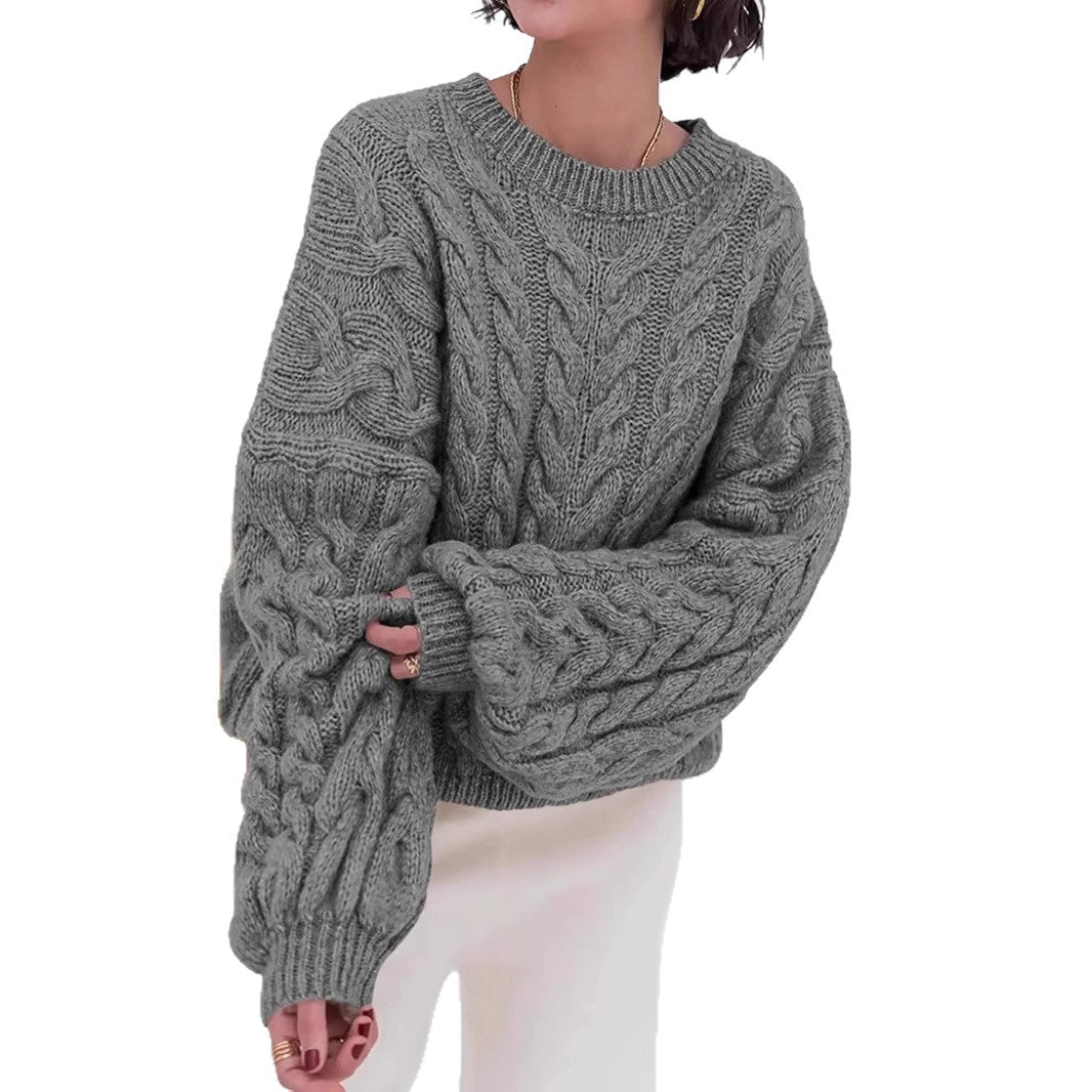 Thick Needle Hemp Flower Loose Pullover Round Neck Long Sleeve Sweater