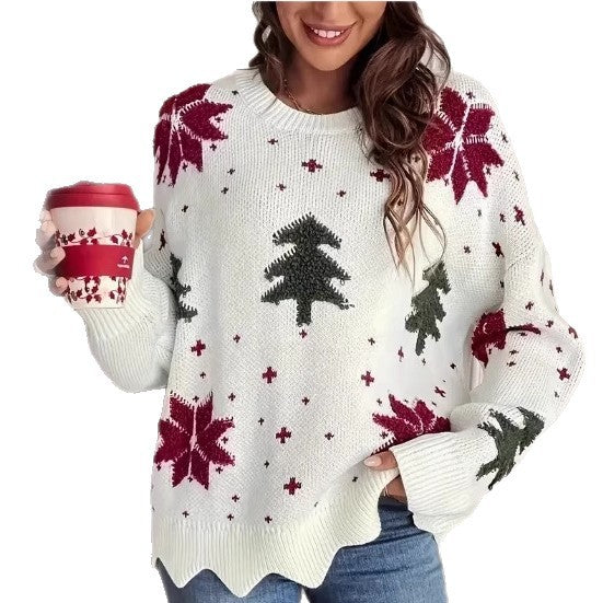 Printed Holiday Loose Casual Knit Sweater for Women