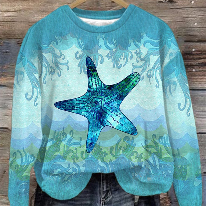 Trendy Digital Print Drop-Shoulder Long-Sleeve Sweater