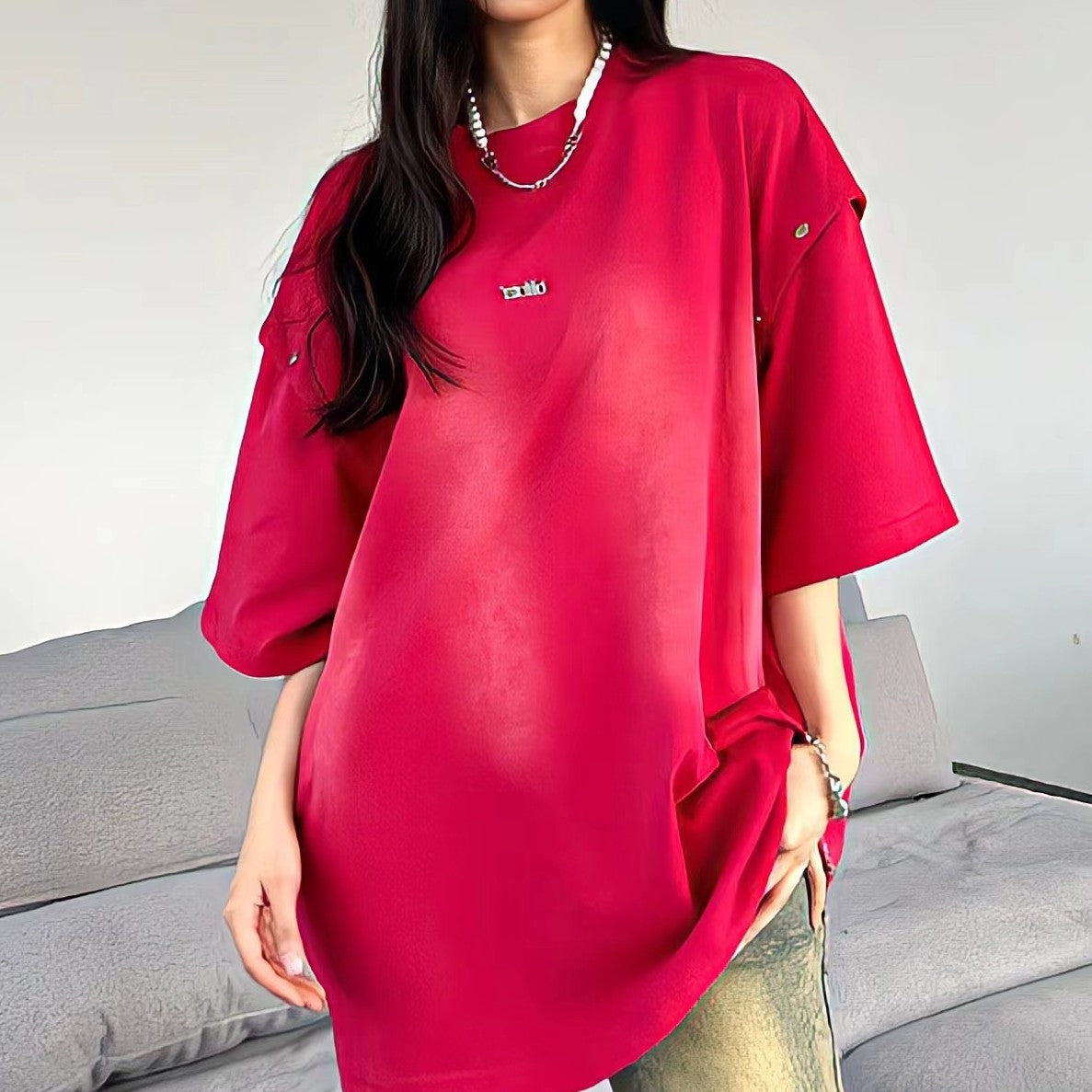 Women's Loose American Style Short-Sleeve Pullover Sweatshirt