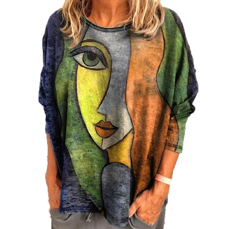 Artistic Face Print Long Sleeve Tee for Autumn