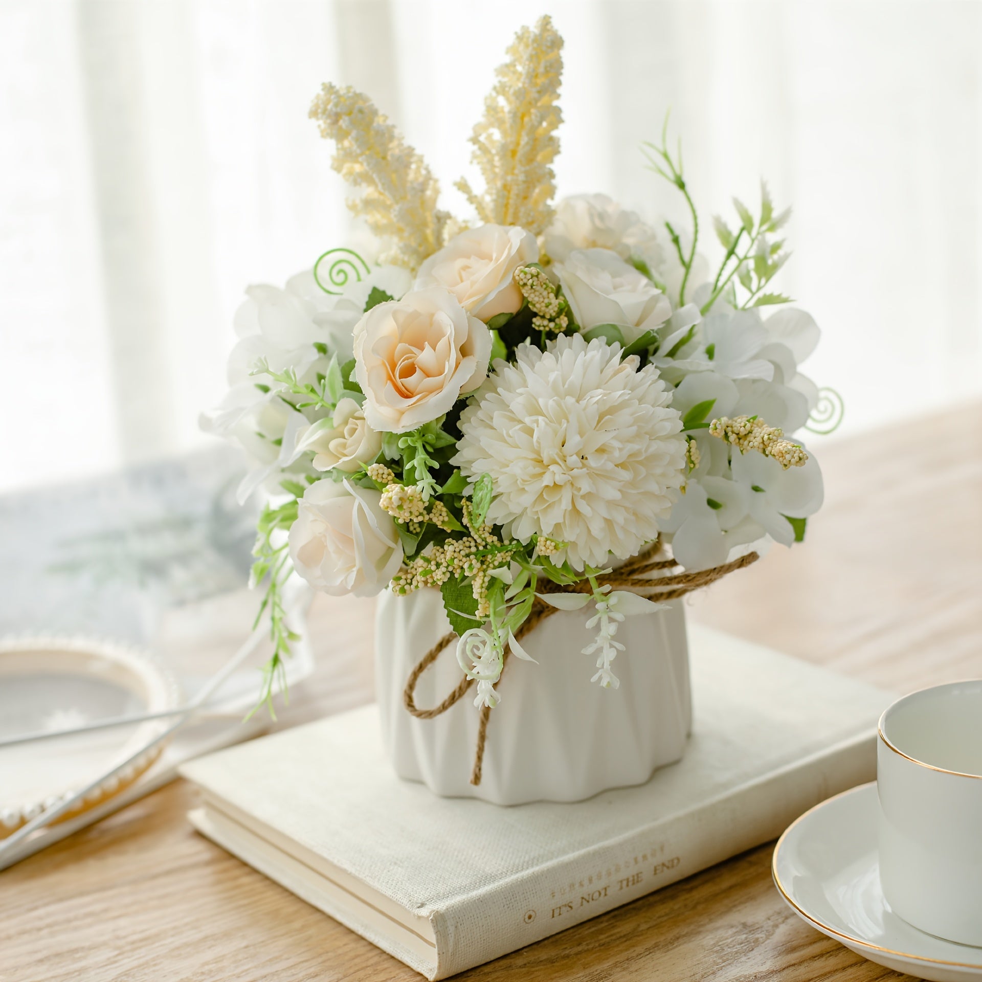 1pc Elegant Artificial Rose & Eucalyptus Berry Bouquet in Ceramic Vase – White Roses, Green Leaves, and Berries for Weddings, Birthdays, Holidays, and Home Decor – Perfect for Tabletops, Cafes, and…