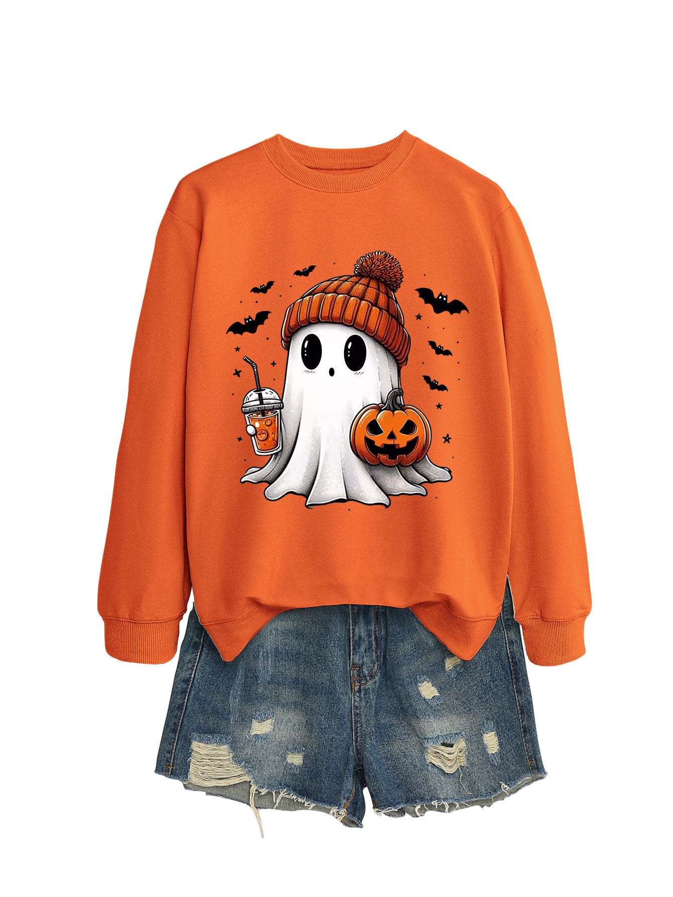 Pumpkin Print Long Sleeve Crew Neck Sweatshirt