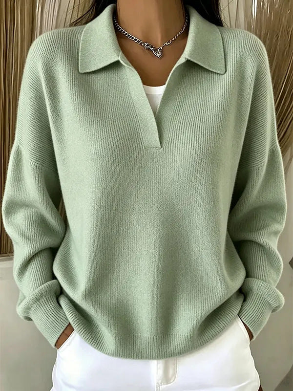 Turn-down Ribbed Knit Sweater Loose-fitting Figure-flattering Casual V-neck Pullover