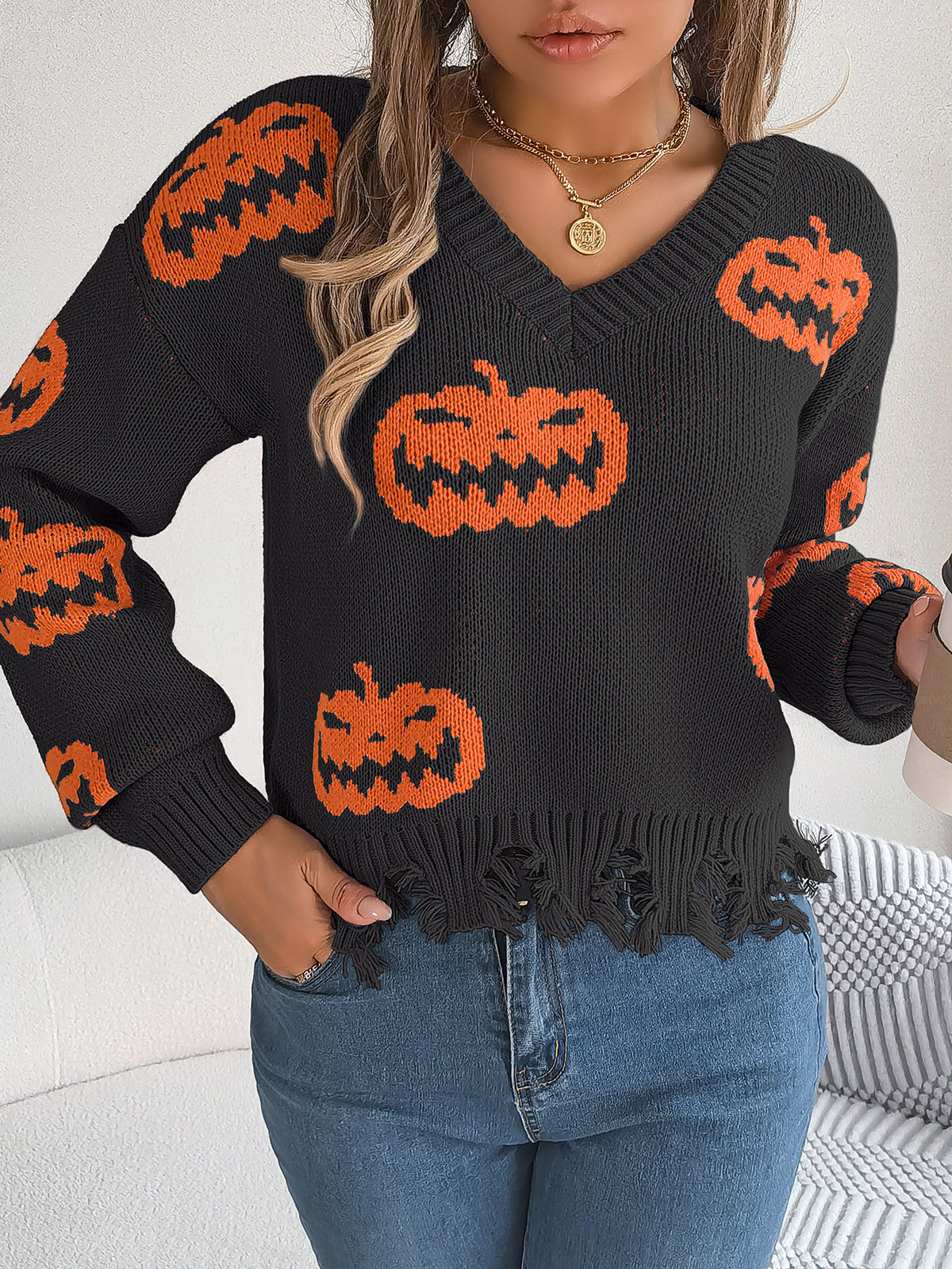 Women Color Block Pumpkin Distressed Long Sleeve Pullover Sweater