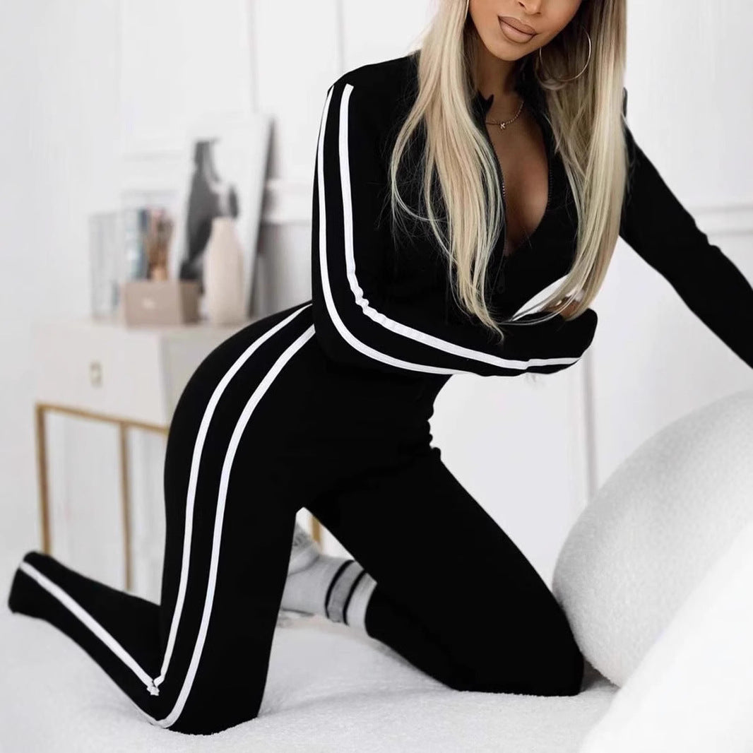Women's Slim Striped Half-Zip Jumpsuit
