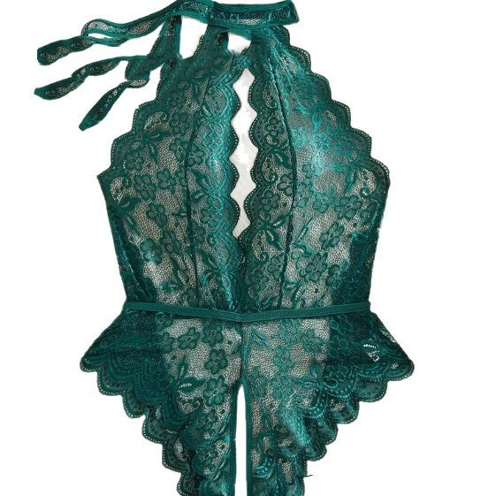 Lace Deep V-Neck Open-Crotch Teddy Bodysuit with Straps