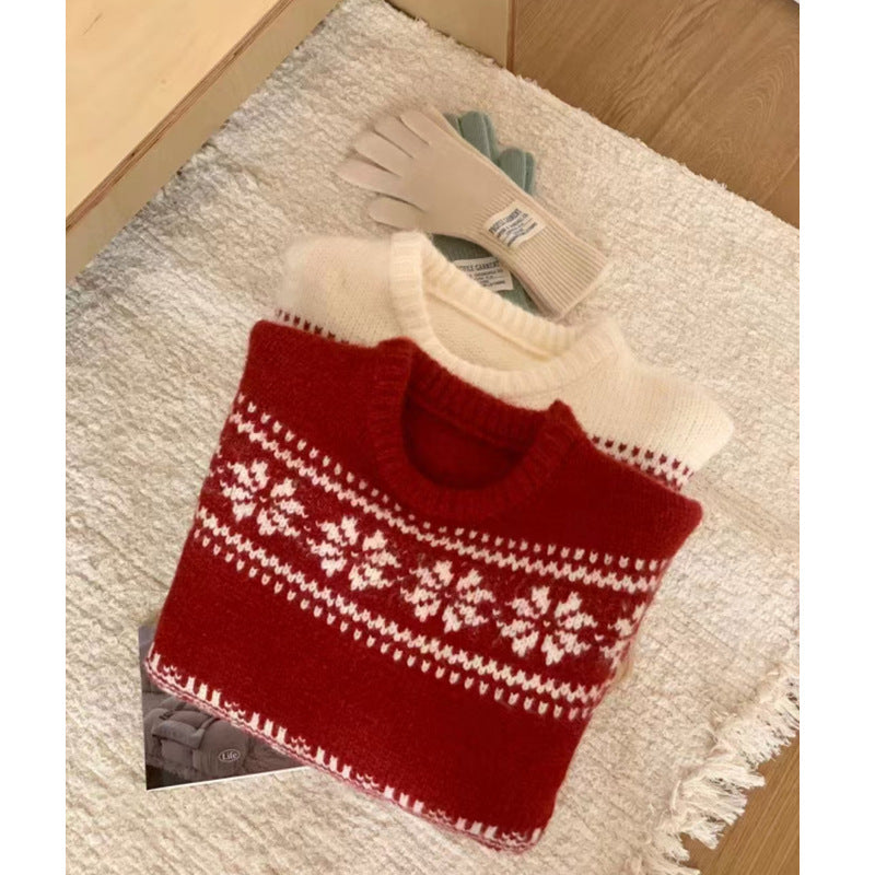 Loose and Thick Christmas Style Knitted Top Retro Round-neck Sweater