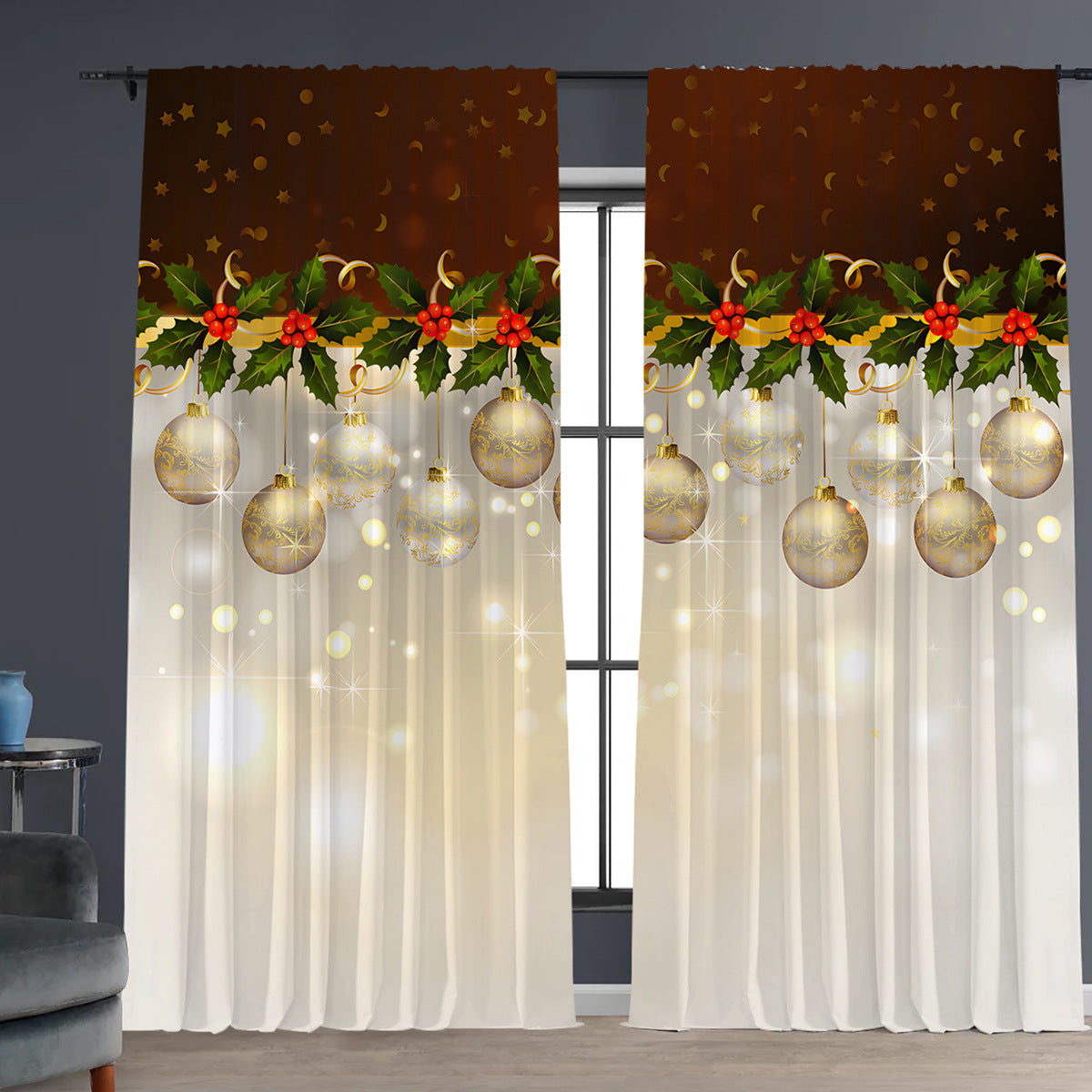 2pcs Christmas Curtain 3d Digital Printing Flower Type
