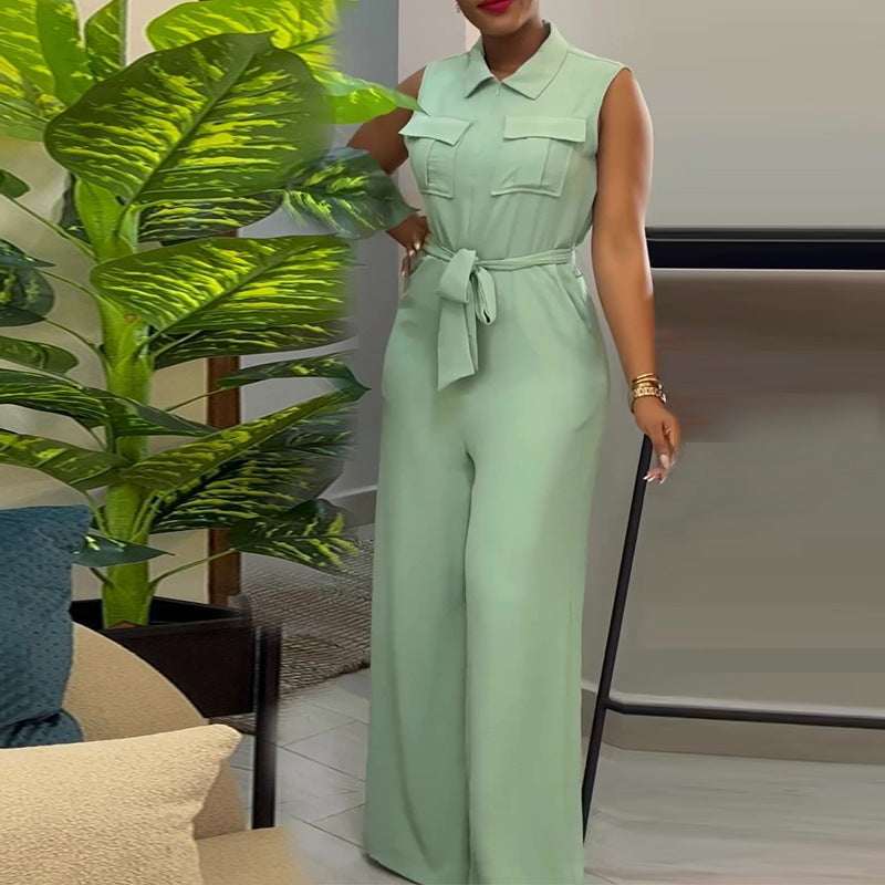 Sleeveless Wide Leg Jumpsuit with Pocket & Waist Trimming