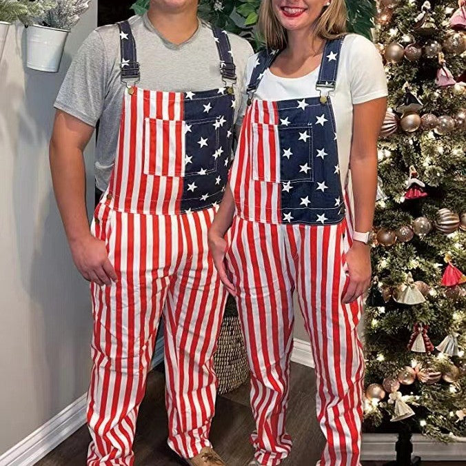 American Flag Denim Couple Overalls & Patriotic Suspender Pants