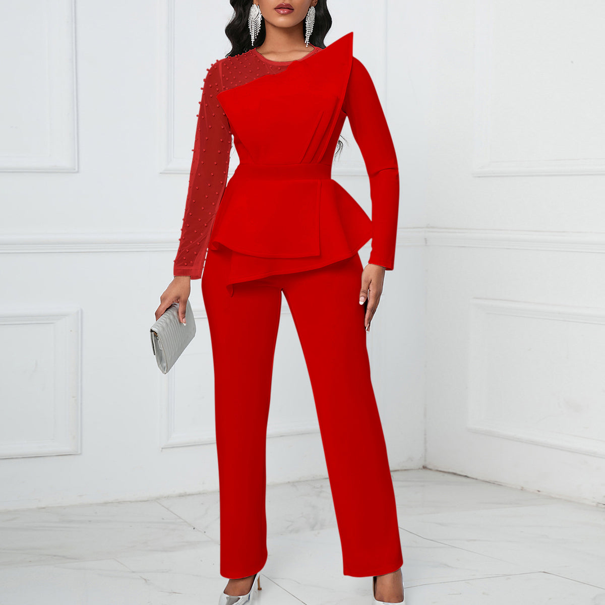 Plus Size Mesh Splicing Beaded Banquet Jumpsuit