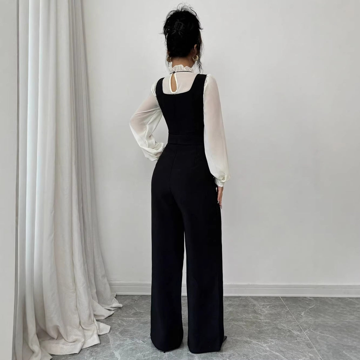 Elegant Color Block Shirt Jumpsuit Set