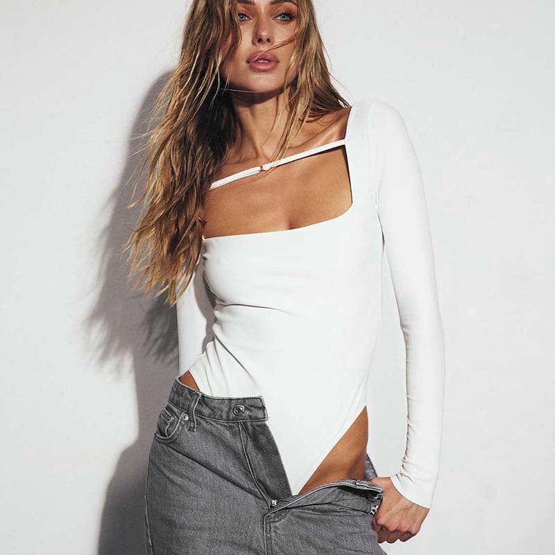Fashion Comfortable Long Sleeve Square-cut Collar Chest Lace-up Solid Color Jumpsuit
