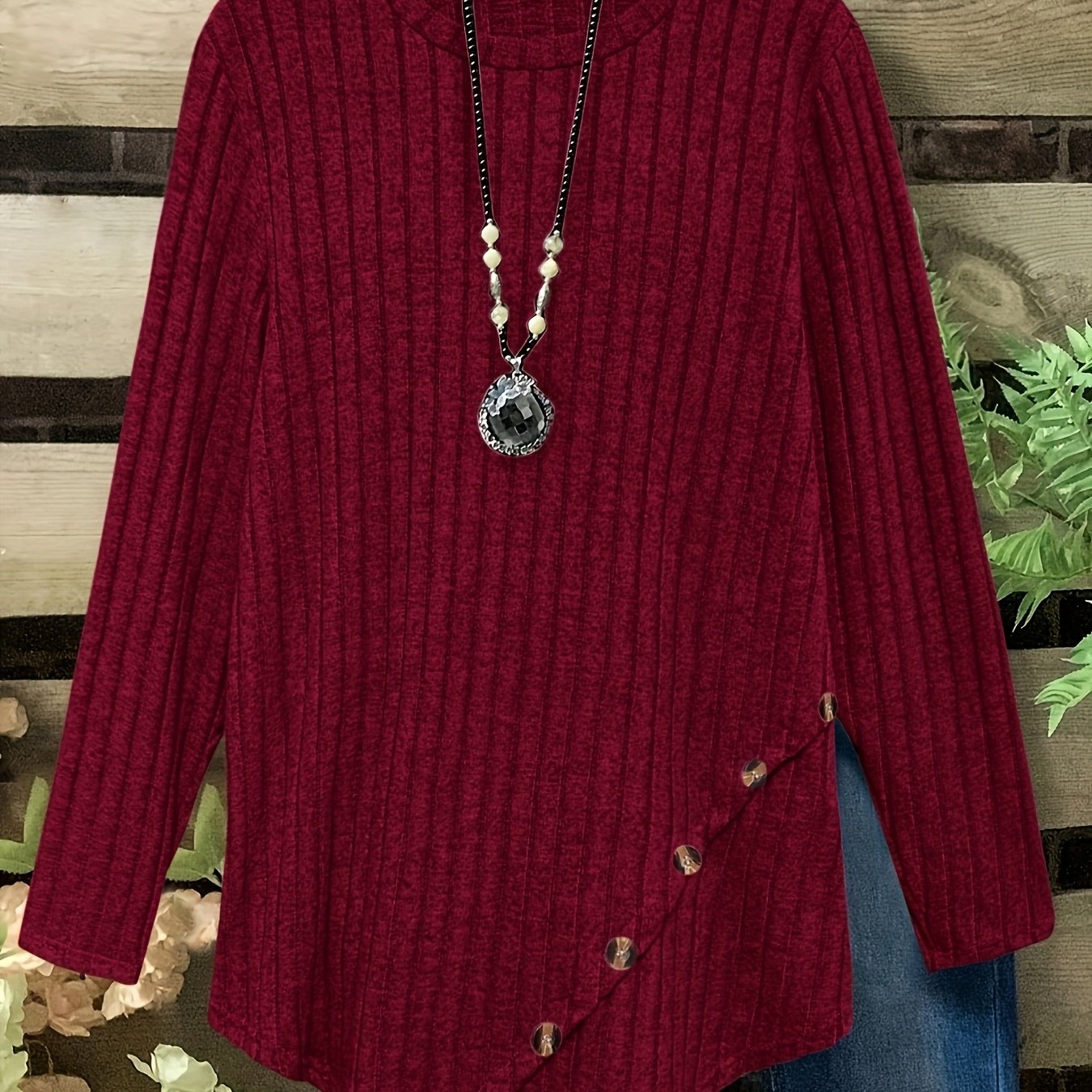 Plus Size Lightweight Ribbed Long Sleeve T-Shirt with Asymmetrical Hem