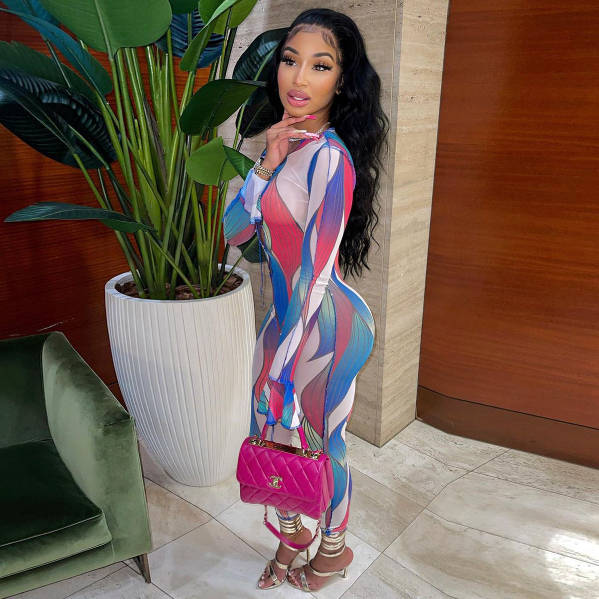 Women's Chic Printed Long-Sleeve Jumpsuit