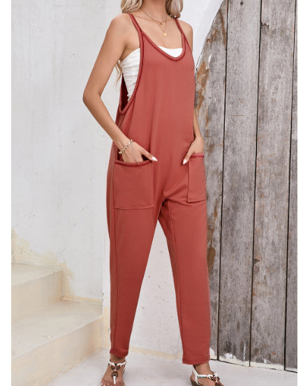 V-Neck Sleeveless Harem Jumpsuit with Side Pockets